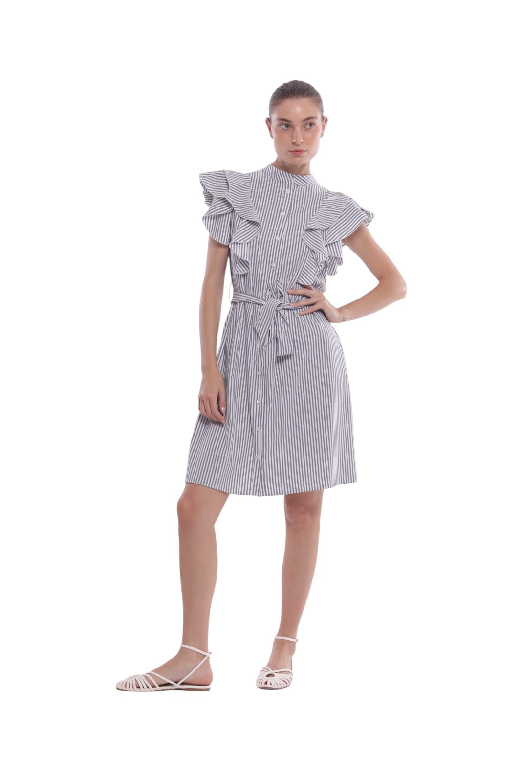 ABITO CORTO A RIGHE CON MANICHE VOULANT