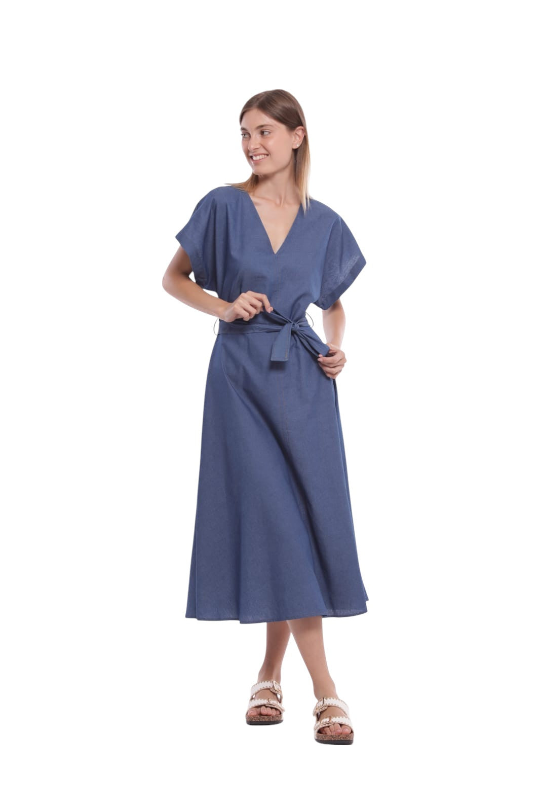 ABITO LUNGO IN CHAMBRAY CON CINTURINO IN VITA